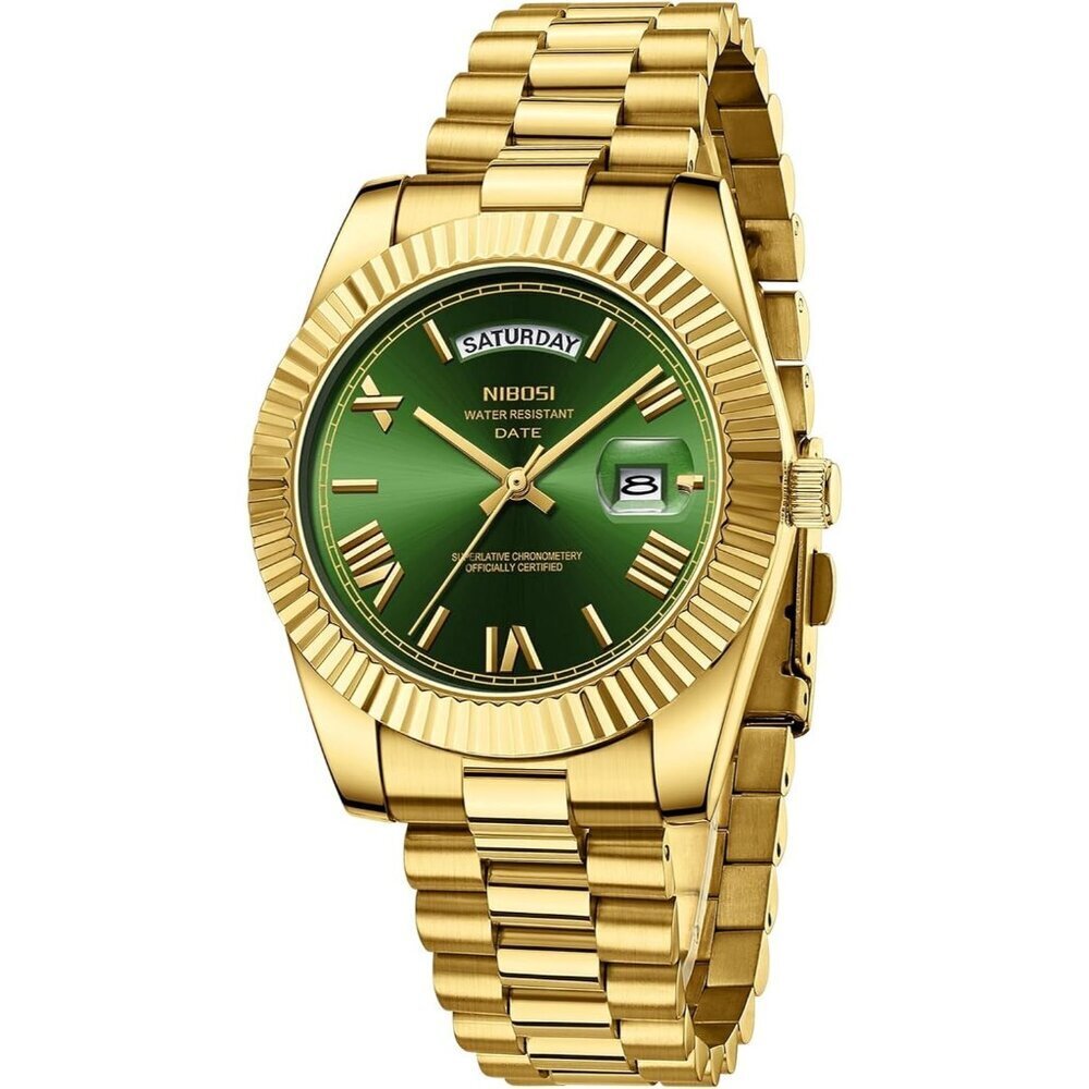 Men's Gold Green Stainless Steel Analog Classic Design Stylish Wrist Watch
